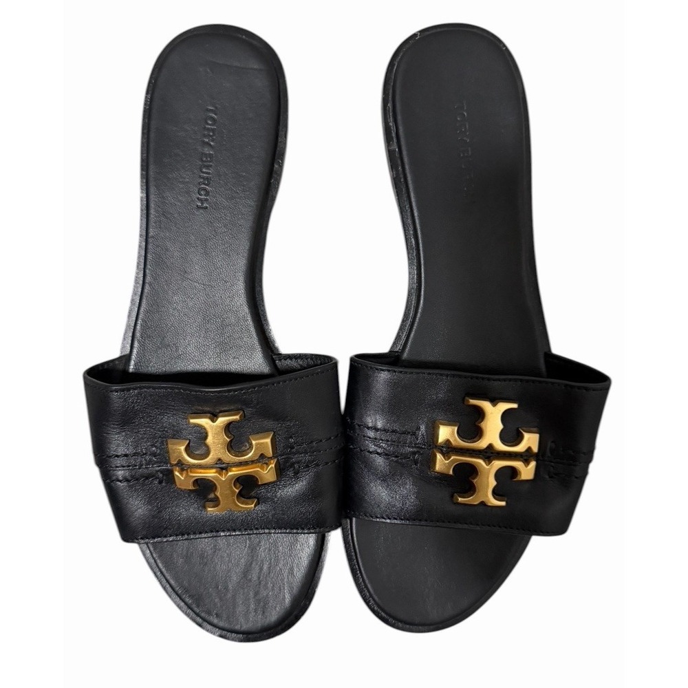 Tory Burch Everly Calf Leather Gold Logo Slide Sandals Black Women's Size 7M
